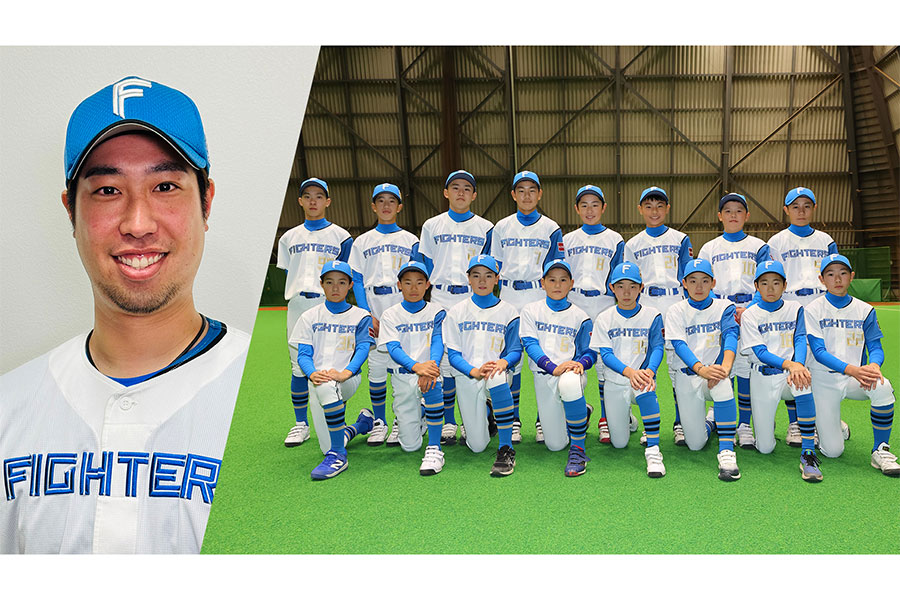 吉田侑樹監督（左）とファイターズジュニアナイン（c） H.N.F.