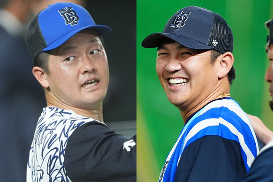 DeNA・牧秀悟（左）と山崎康晃【写真：小林靖】