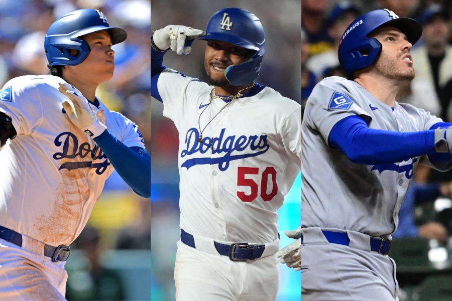 ドジャースの大谷翔平、ムーキー・ベッツ、フレディ・フリーマン（左から）【写真：ロイター】