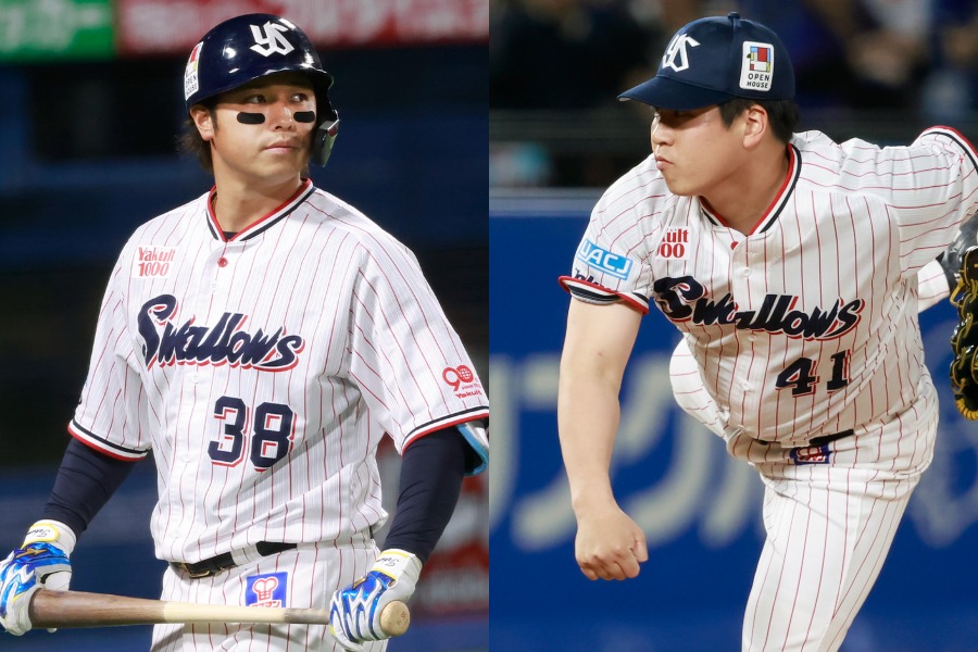 ヤクルト・北村拓己（左）と矢崎拓也【写真：小池義弘】