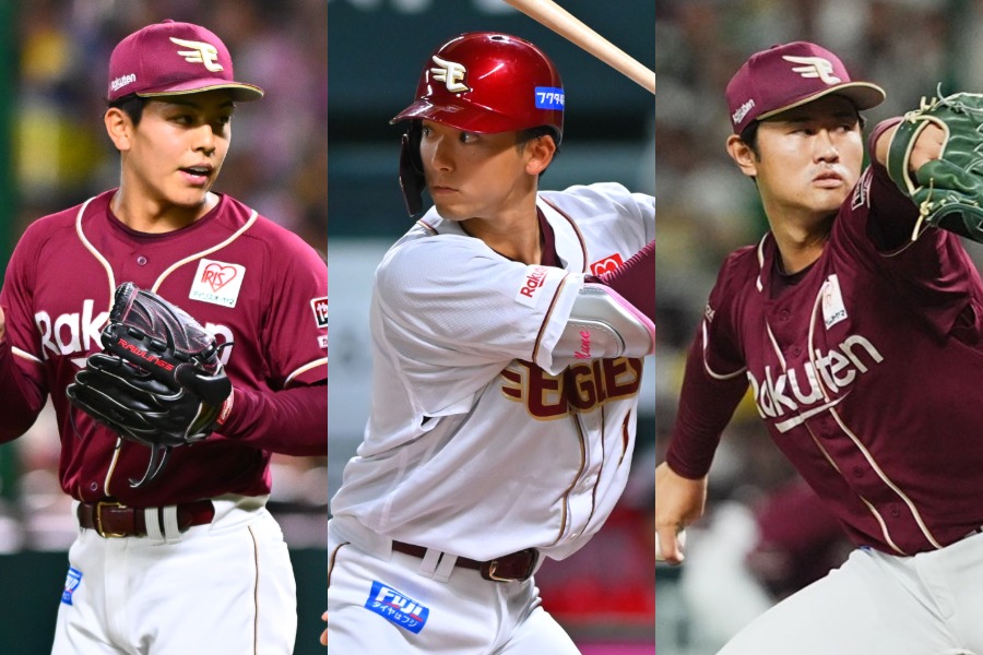 楽天・中込陽翔、宗山塁、江原雅裕（左から）【写真：古川剛伊、小林靖】