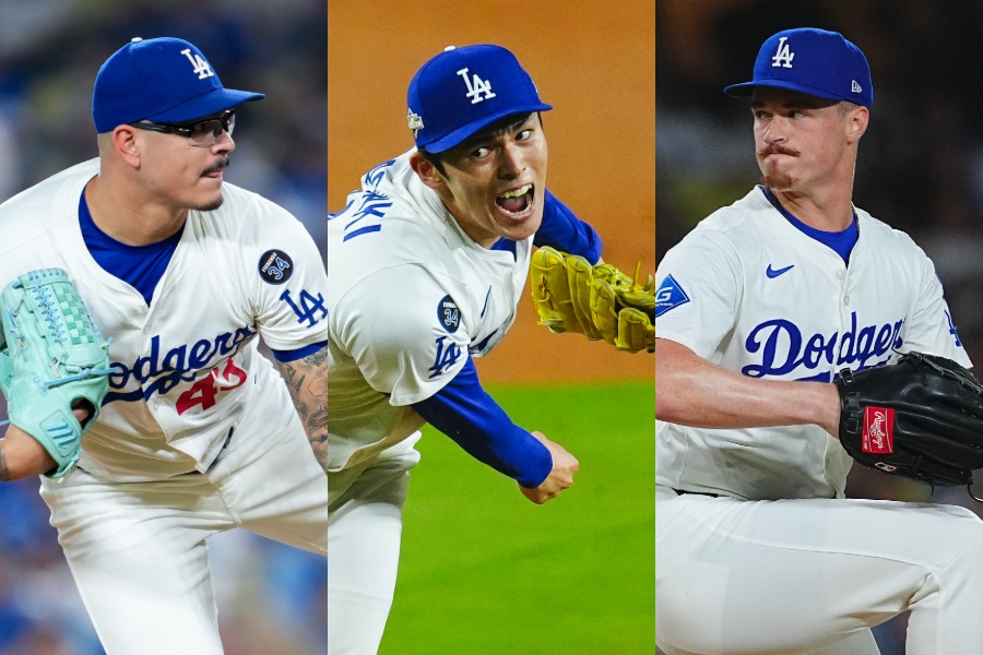 ドジャースのアンソニー・バンダ、佐々木朗希、ジャック・ドレイヤー（左から）【写真：イワモトアキト、荒川祐史】