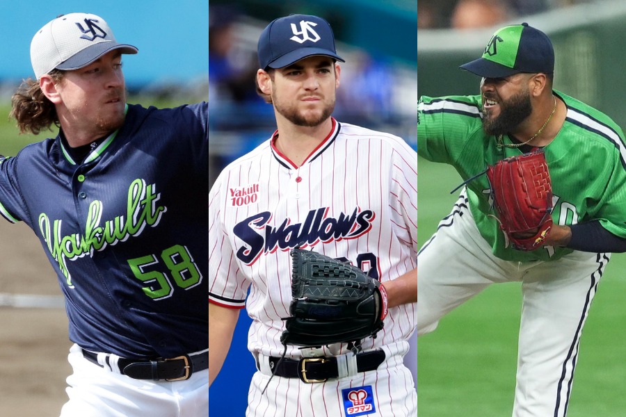 ヤクルトを退団したマイク・バウマン、ピーター・ランバート、ペドロ・アビラ（左から）【写真：栗木一考、小池義弘、小林靖】