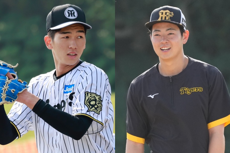 阪神・今朝丸裕喜（左）と下村海翔【写真：小池義弘、小林靖】