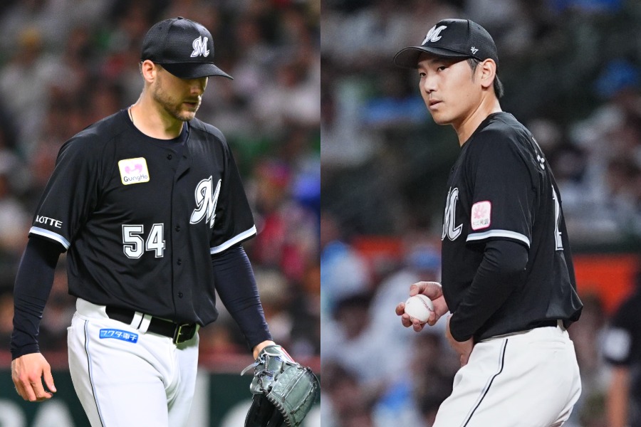 ロッテ・石川柊太（右）と退団が決まったオースティン・ボス【写真：古川剛伊、小林靖】