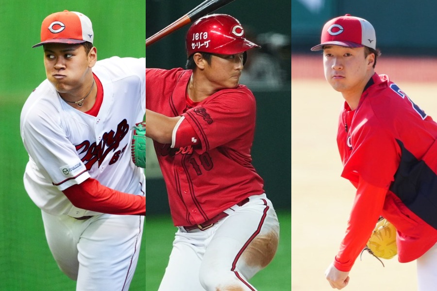 広島・菊地ハルン、佐々木泰、佐藤柳之介（左から）【写真：小林靖】