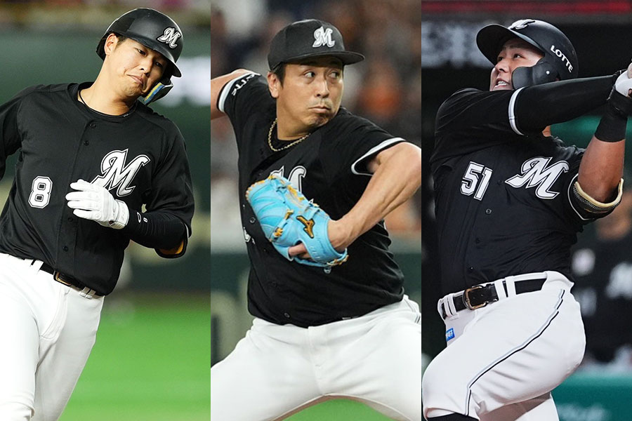 ロッテ・中村奨吾、益田直也、山口航輝（左から）【写真：小林靖】
