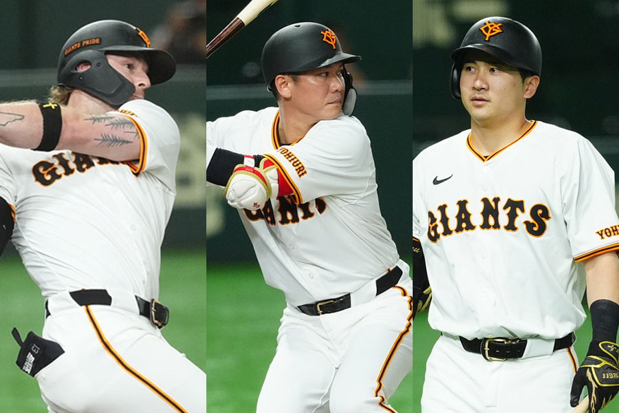 巨人のトレイ・キャベッジ、坂本勇人、泉口友汰（左から）【写真：小林靖】