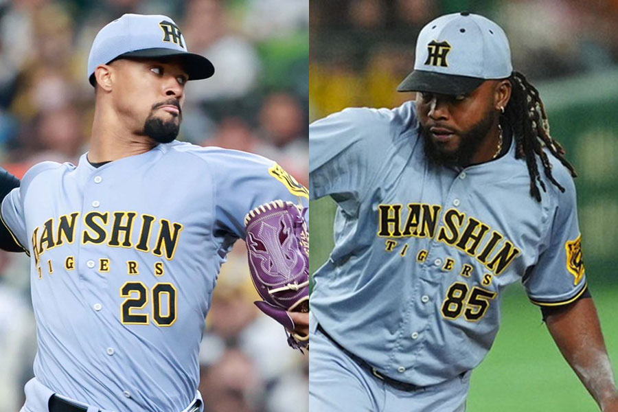 阪神から自由契約となったジョン・デュプランティエ（左）と阪神のラファエル・ドリス【写真：小池義弘】