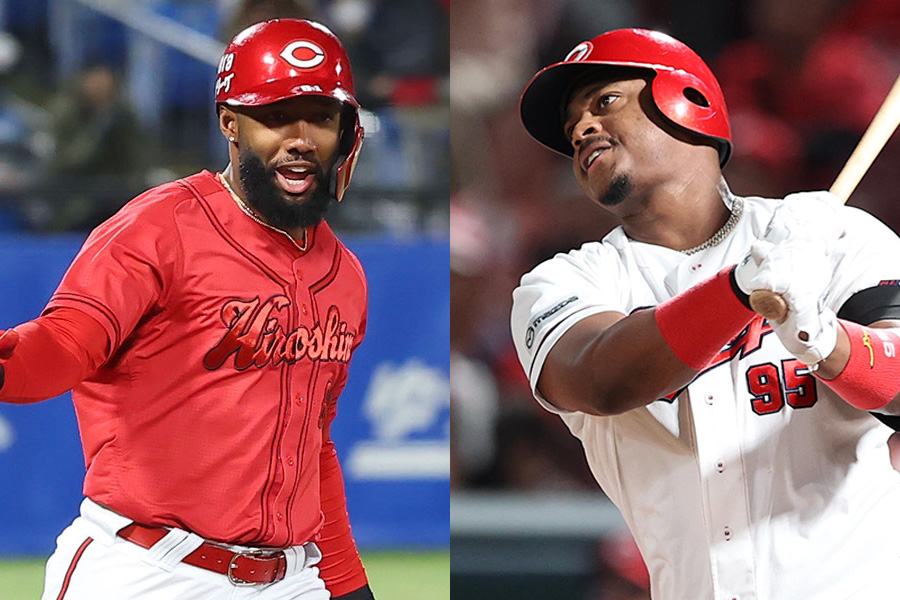 広島のサンドロ・ファビアン（左）とエレウリス・モンテロ【写真：加治屋友輝、栗木一考】