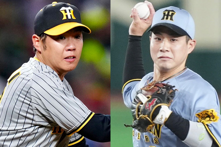 阪神・西勇輝（左）と木浪聖也【写真：矢口亨】