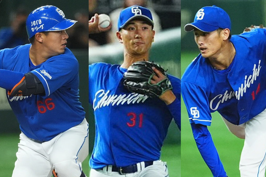 中日・鵜飼航丞、森駿太、草加勝（左から）【写真：小林靖】