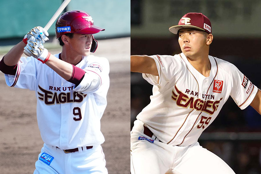 楽天・吉野創士（左）と泰勝利【写真：荒川祐史、栗木一考】