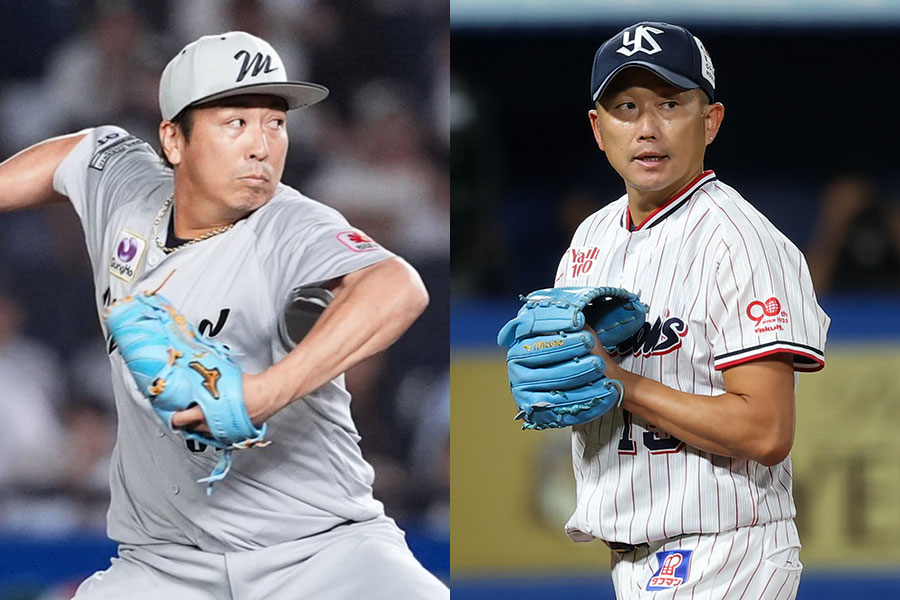 ロッテ・益田直也（左）とヤクルト・石川雅規【写真：小林靖、加治屋友輝】