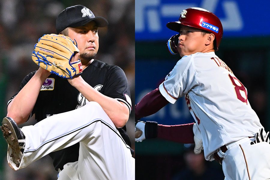 ロッテを退団した澤村拓一（左）と海外FA権を行使した楽天・辰己涼介【写真：古川剛伊】
