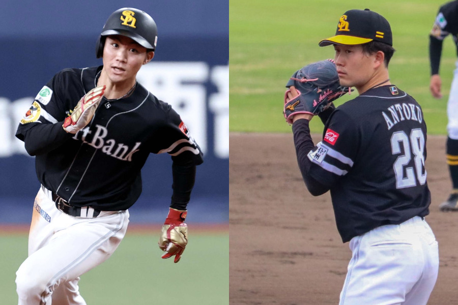 ソフトバンク・庄子雄大（左）と安徳駿【写真：栗木一考、飯田航平】