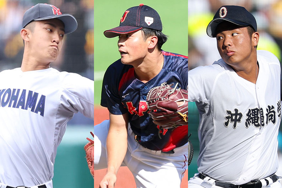 横浜・織田翔希、仙台大・佐藤幻瑛、沖縄尚学・末吉良丞(左から)【写真:加治屋友輝】