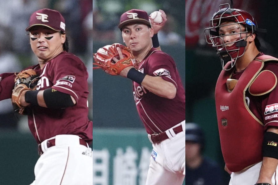 楽天・黒川史陽、村林一輝、堀内謙伍（左から）【写真：小林靖】