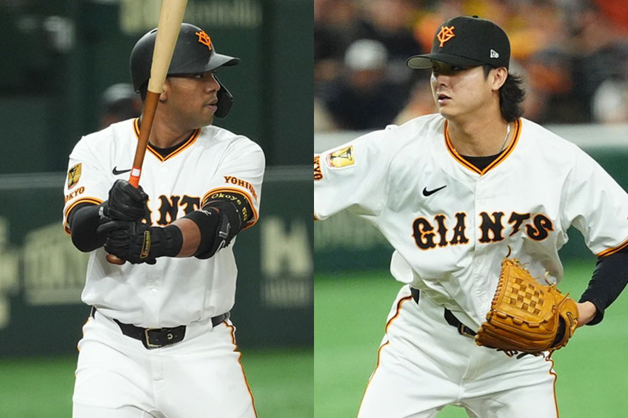 巨人から自由契約となったオコエ瑠偉（左）と巨人・田中瑛斗【写真：小林靖】