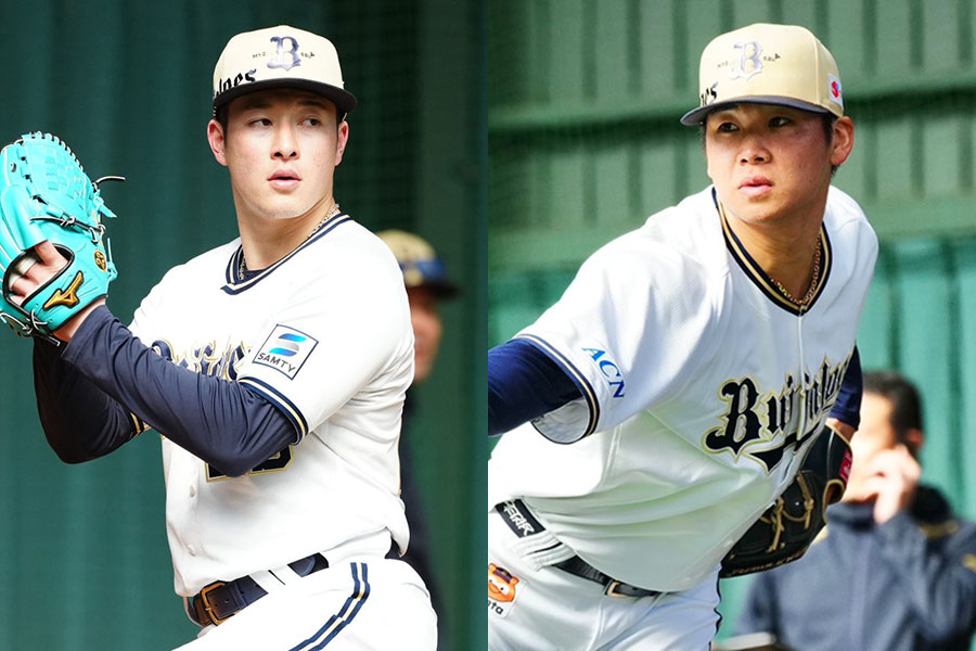 オリックス・吉田輝星(左)と山下舜平大【写真:小林靖】