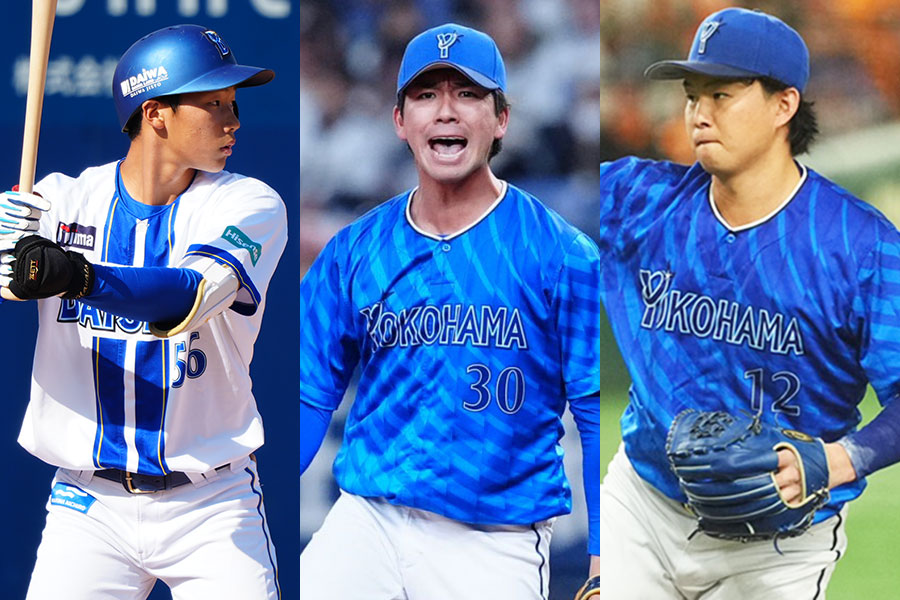DeNA・田内真翔、篠木健太郎、竹田祐（左から）【写真：町田利衣、小林靖】