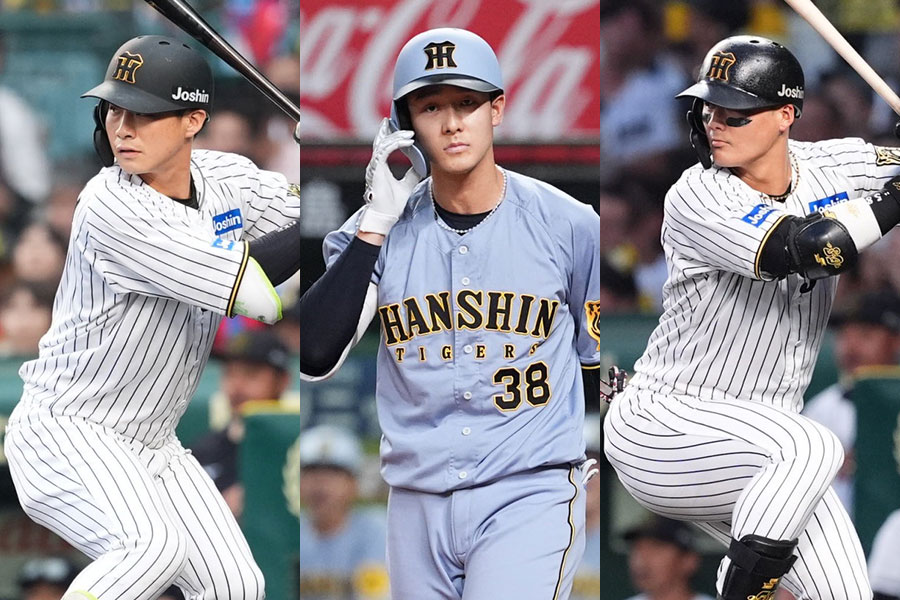 阪神・木浪聖也、小幡竜平、前川右京（左から）【写真：小林靖】