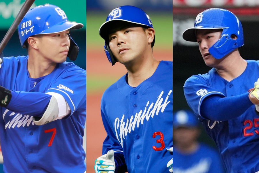 中日・福永裕基、高橋周平、石川昂弥（左から）【写真：小池義弘、小林靖】