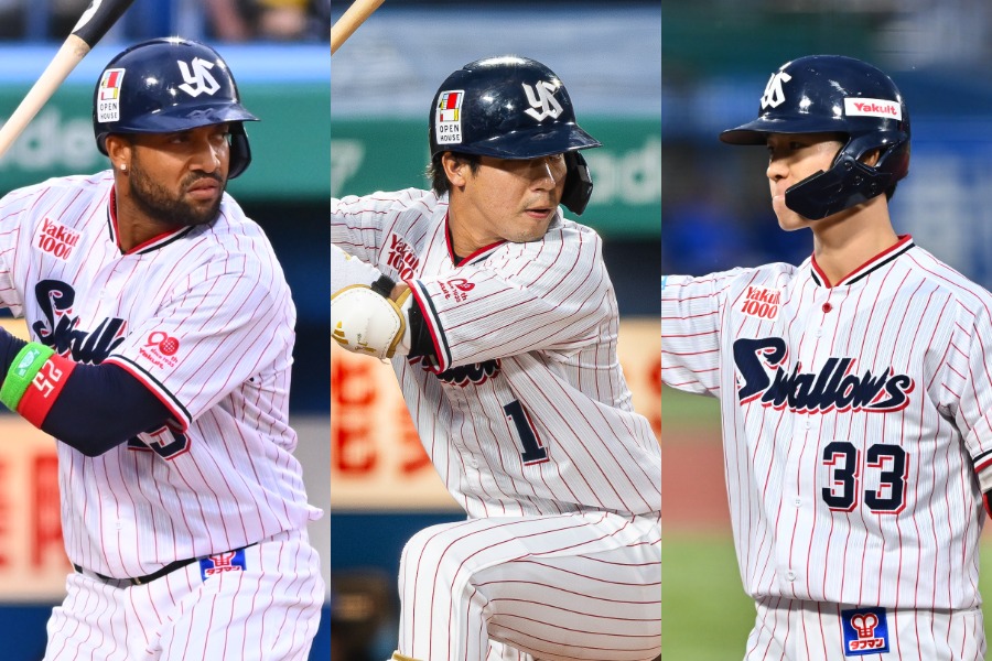ヤクルトのドミンゴ・サンタナ、山田哲人、内山壮真(左から)【写真:古川剛伊】