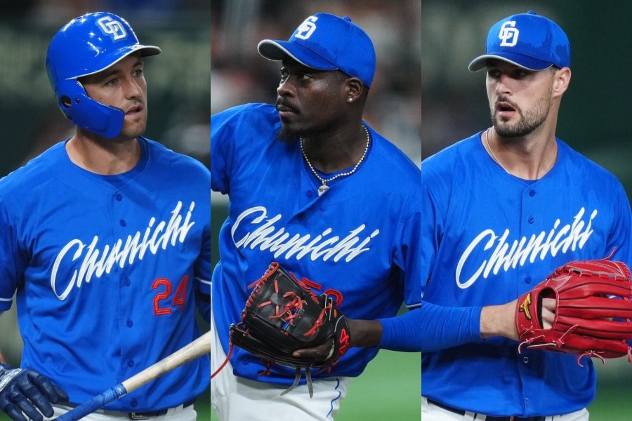中日のジェイソン・ボスラー、ジュニオル・マルテ、カイル・マラー（左から）【写真：矢口亨】