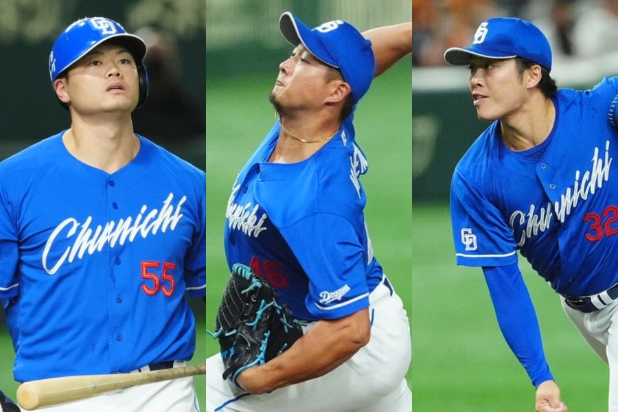 中日・細川成也、梅野雄吾、伊藤茉央（左から）【写真：小林靖】