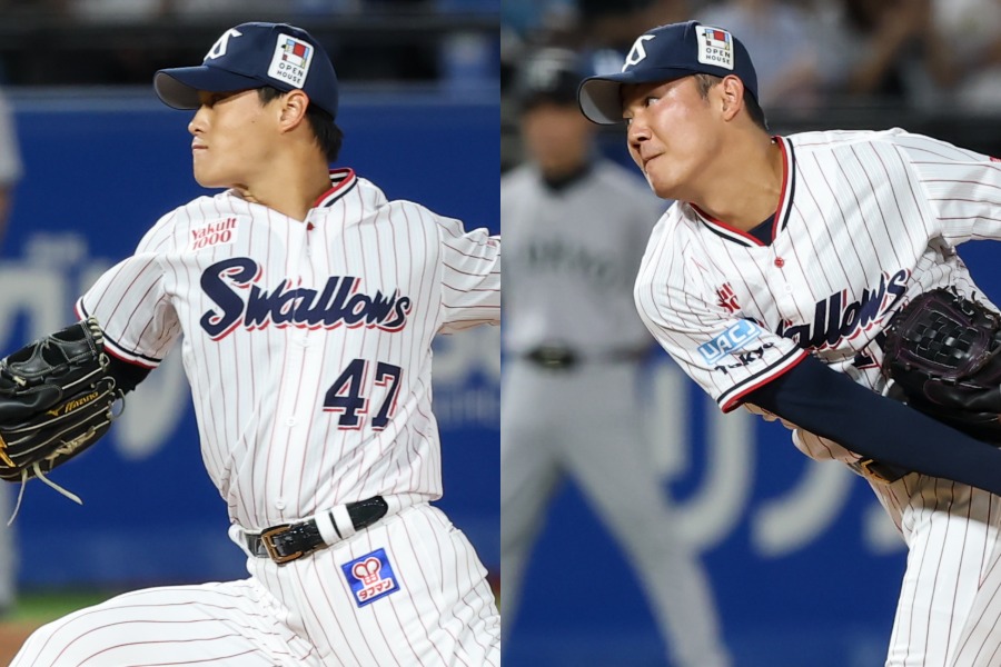 ヤクルト・高橋奎二(左)と奥川恭伸【写真:加治屋友輝】