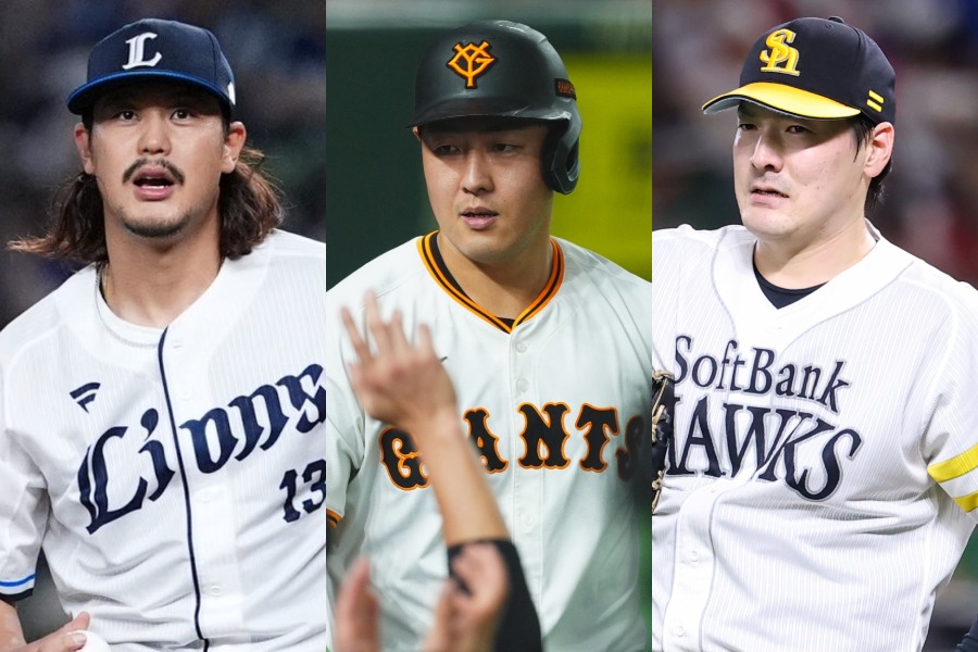 2014年ドラフトに指名された高橋光成、岡本和真、有原航平（左から）【写真：小林靖、加治屋友輝】