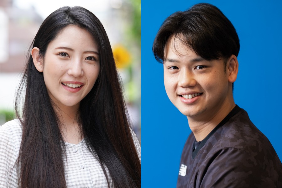 元日本ハム・谷口雄也氏（右）と野球女子として知られるモデルの椿梨央さん【写真：荒川祐史】