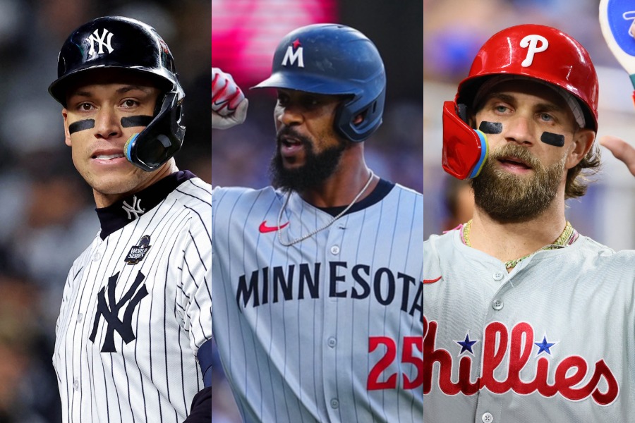 ヤンキースのアーロン・ジャッジ、ツインズのバイロン・バクストン、フィリーズのブライス・ハーパー（左から）【写真：荒川祐史、ロイター】