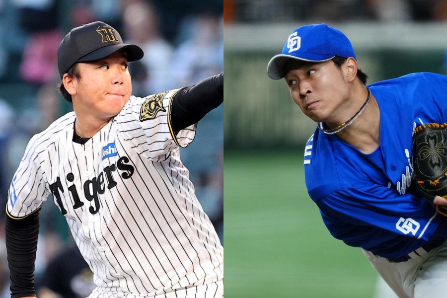 阪神・村上頌樹（左）と中日・高橋宏斗 【写真：栗木一考、矢口亨】