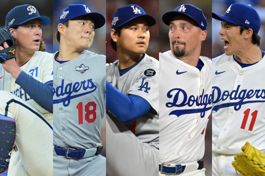 ドジャースのタイラー・グラスノー、山本由伸、大谷翔平、ブレイク・スネル、佐々木朗希（左から）【写真：ロイター】