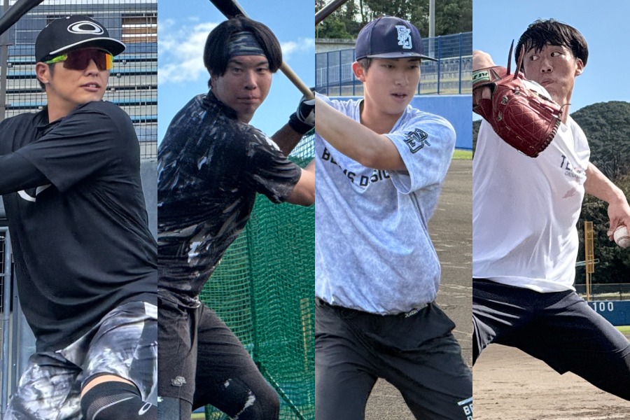 自主トレを行ったロッテ・中村奨吾、上田希由翔、勝又琉偉、宮崎颯（左から）【写真：球団提供】