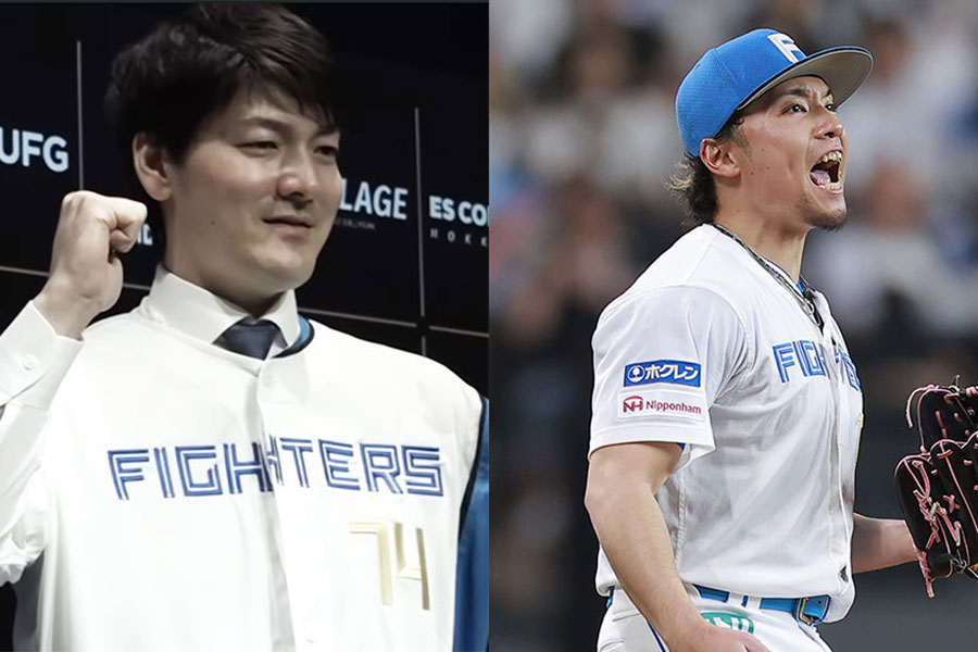 日本ハム・有原航平（左）と伊藤大海【画像：パーソル パ・リーグTV、球団提供】