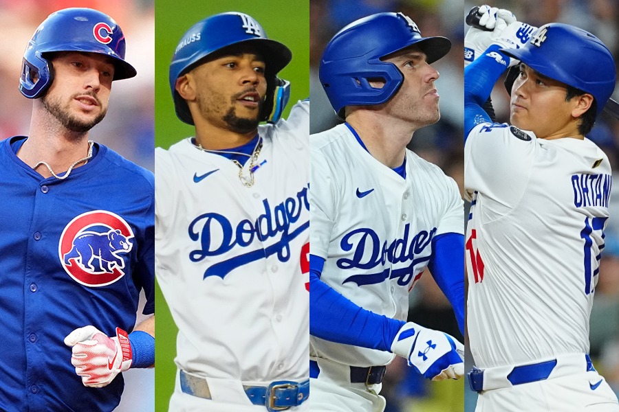 ドジャースのカイル・タッカー、ムーキー・ベッツ、フレディ・フリーマン、大谷翔平（左から）【写真：ロイター、荒川祐史】