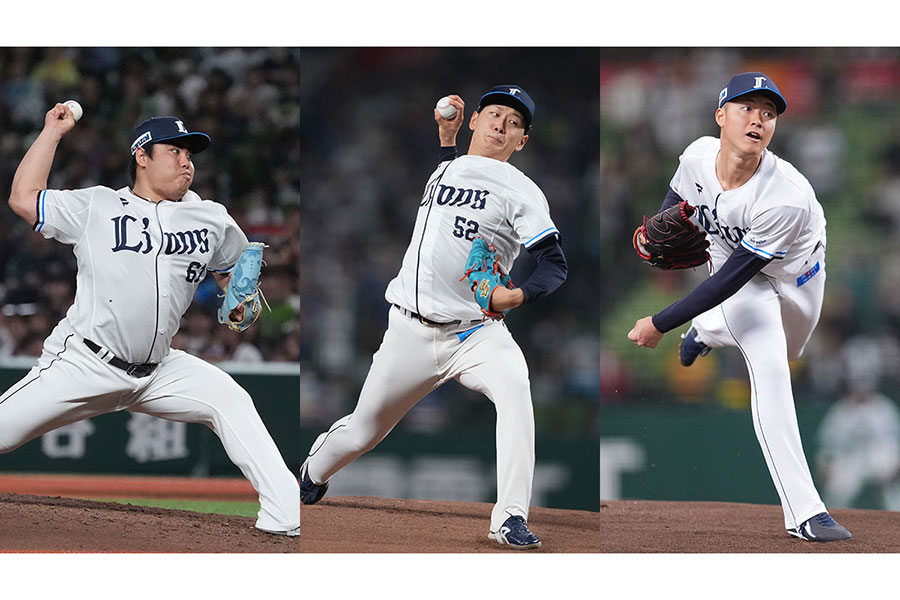 西武・平良海馬、篠原響、菅井信也(左から)【写真:球団提供】