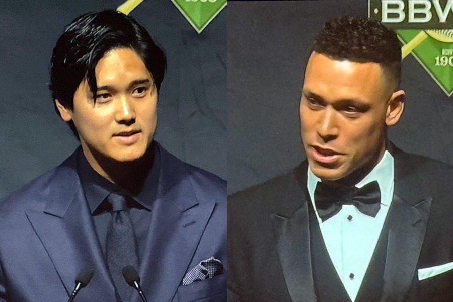 夕食会に参加したドジャースの大谷翔平（左）とヤンキースのアーロン・ジャッジ【写真：ロイター】