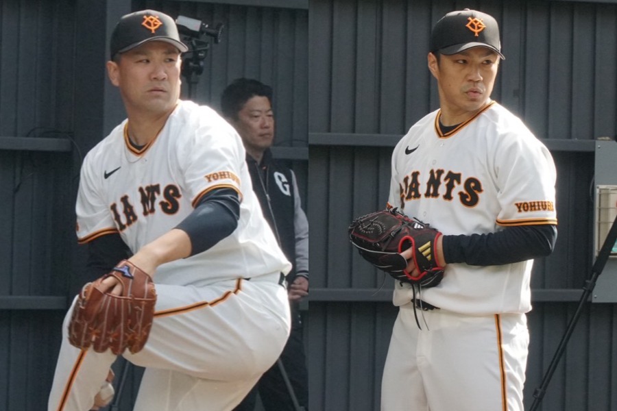 ブルペン入りした巨人・田中将大(左)と則本昂大【写真:湯浅大】