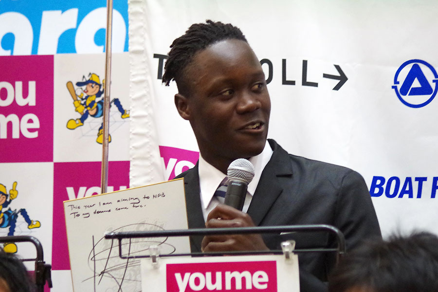 徳島インディゴソックス入団会見に出席したカトー・エドリン【写真：喜岡桜】