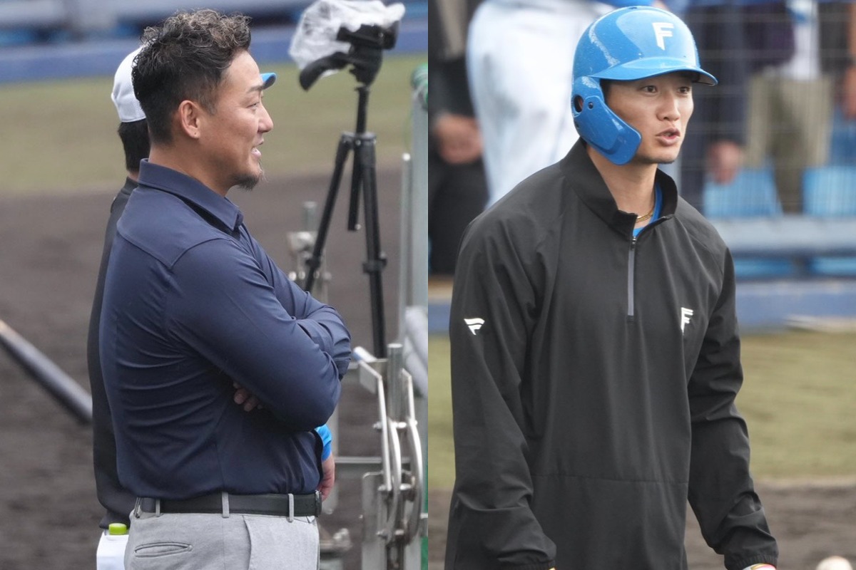 春季キャンプを訪問した中田翔氏（左）と日本ハム・西川遥輝【写真：町田利衣】