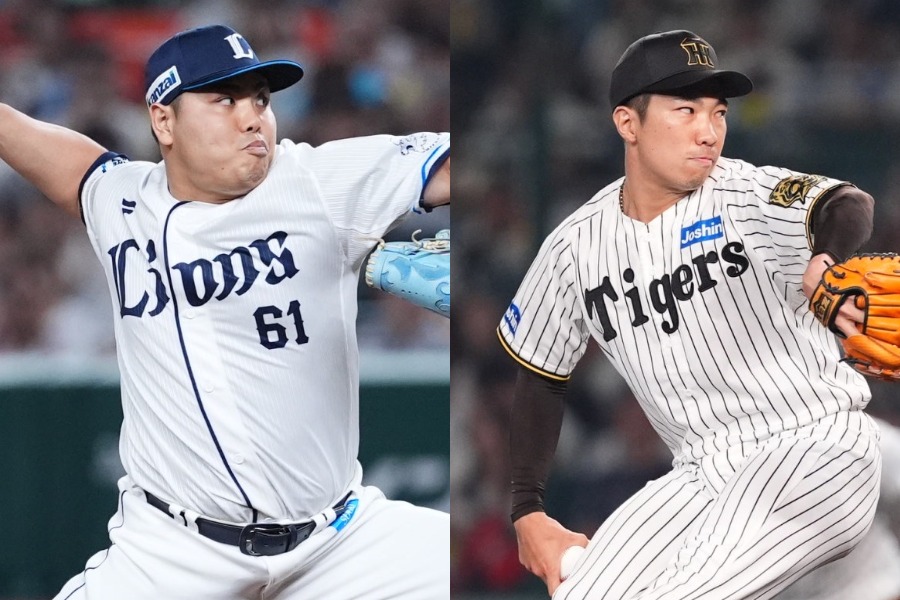 西武・平良海馬（左）と阪神・石井大智【写真：小林靖】