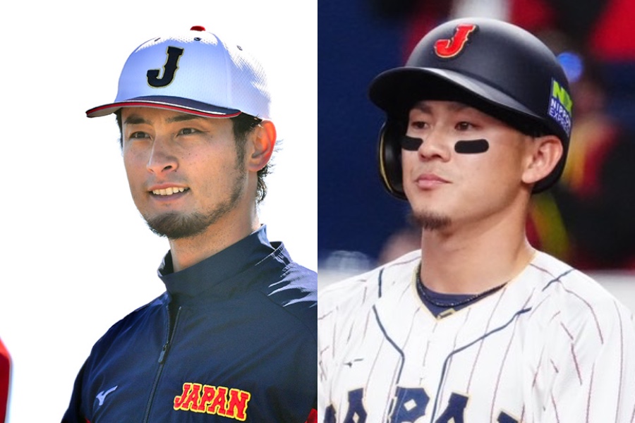 「侍ジャパン」臨時アドバイザーのダルビッシュ有(左)と侍ジャパン・牧原大成【写真:小林靖、荒川祐史】