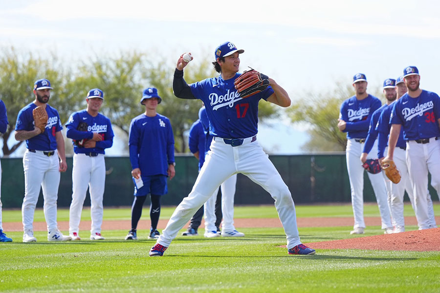 練習を行うドジャース・大谷翔平【写真：荒川祐史】