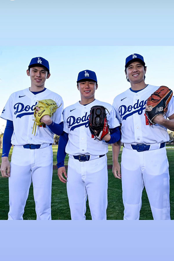 ドジャース・佐々木朗希、山本由伸、大谷翔平（左から）（画像はスクリーンショット）