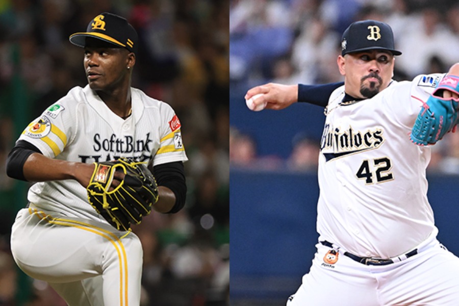 ソフトバンクのリバン・モイネロ投手（左）とオリックスのアンドレス・マチャド【写真：球団提供】