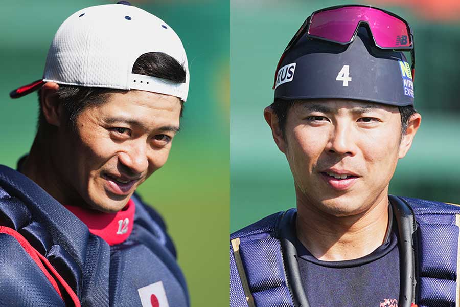 侍ジャパンの一員としてWBCに臨む坂本誠志郎（左）と若月健矢【写真：小林靖】